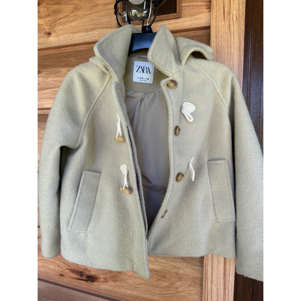 ZARA Big Kids Girls Cream Wool Button Down Hooded Coat Jacket SZ 9-10Y